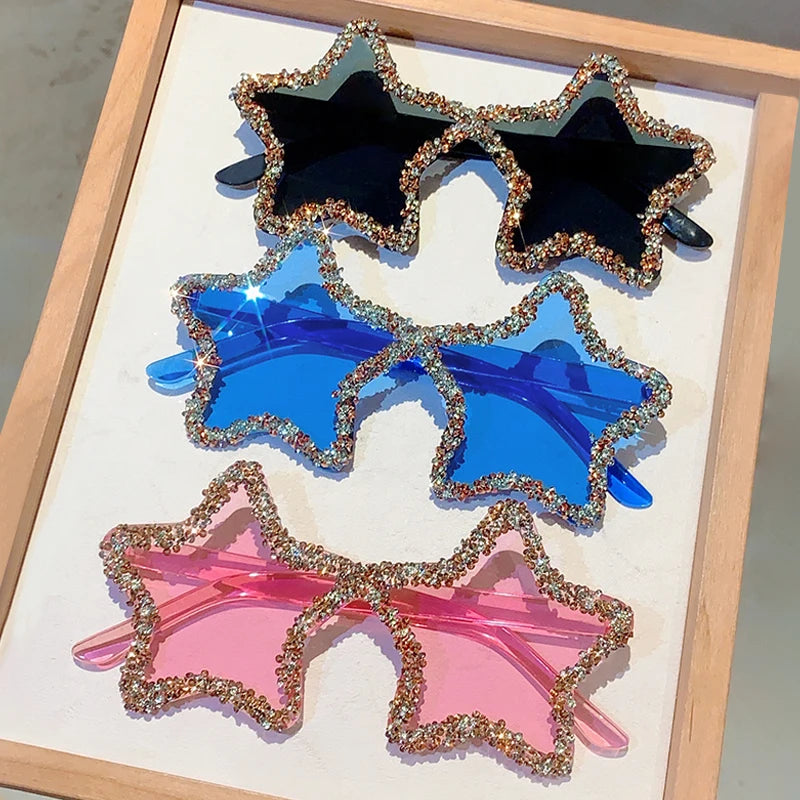 KAMMPT Chic Stars Design Pink Shades – Women Rhinestone Shiny Trendy Sun Glasses | Holiday & Beach INS Brand