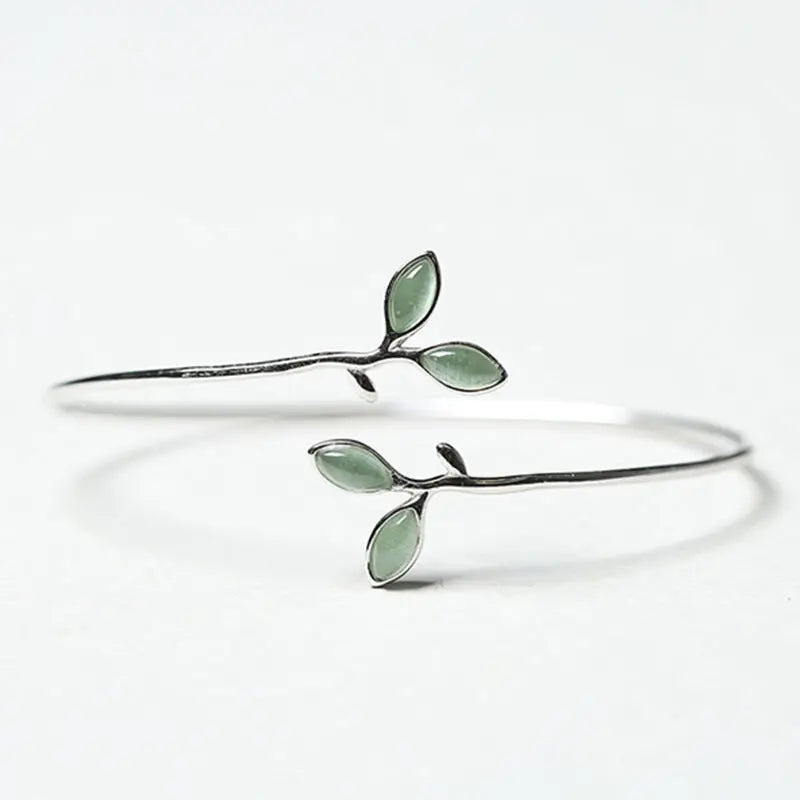 925 Sterling Silver Green Leaf Bracelet | Elegant Nature-Inspired Bangle for Women Girls Fashion Jewelry Gift