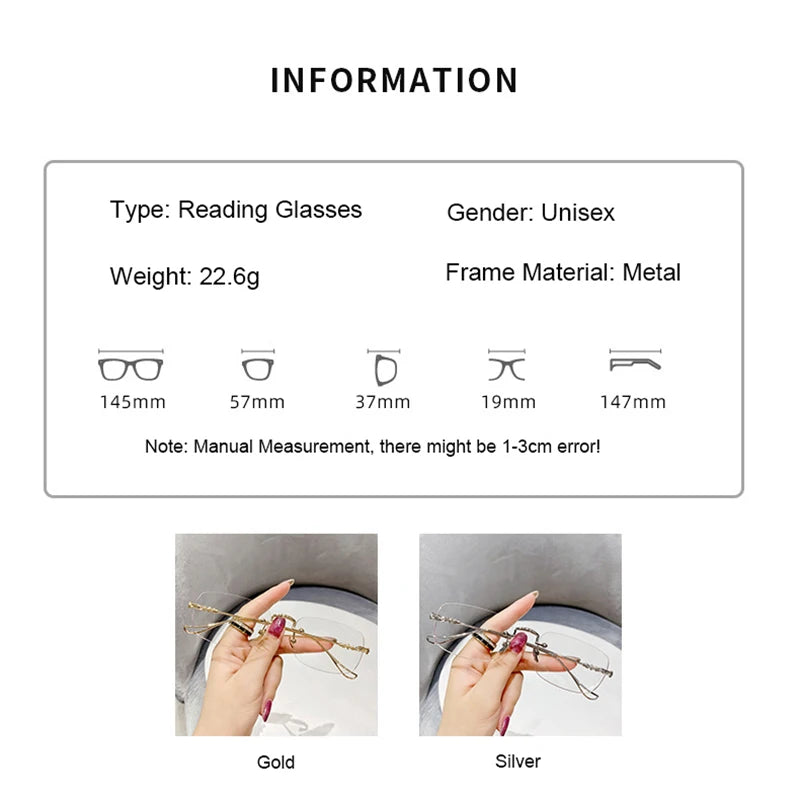 Rimless Square Reading Glasses – Blue Light Blocking Computer Eyeglasses | Fashion Reader for Women & Men +1.0 to +3.5
