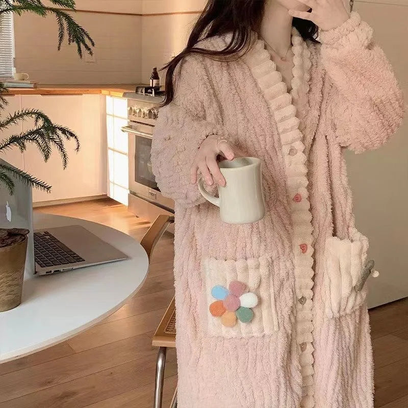 🌈 Rainbow Coral Fleece Robe for Women 🧣 | Soft & Warm Autumn Winter Home Clothes 🏡 | Cozy Sweet Open Cardigan 👗
