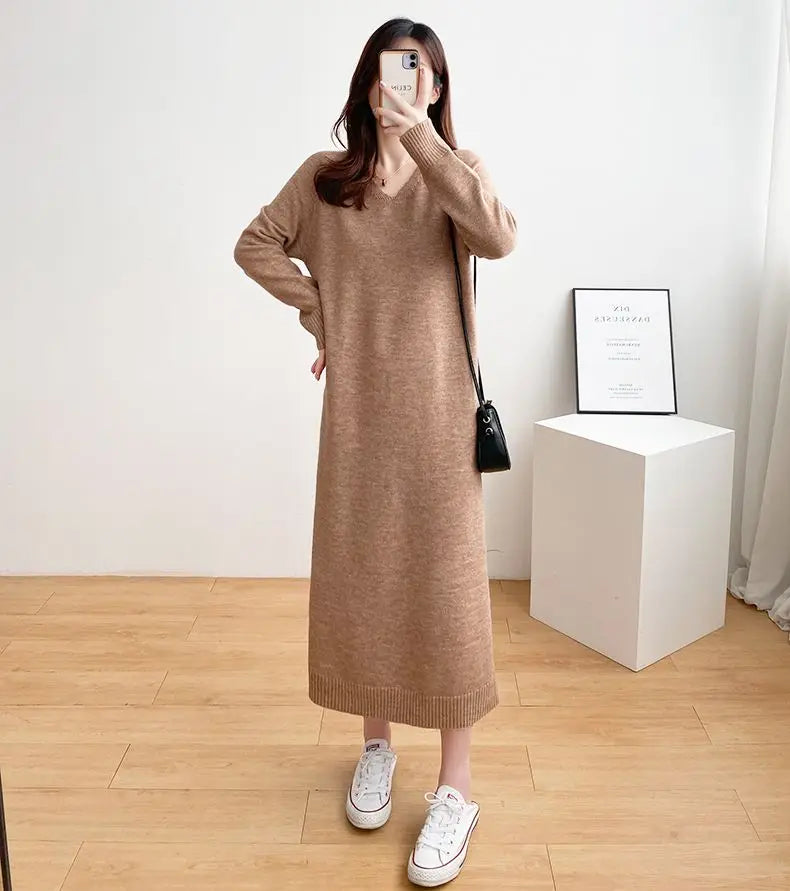 Ladies’ Knitted V-Neck Dress – Loose Fit Base Layer Skirt, Casual Straight Tube Korean Style Autumn Winter Dress