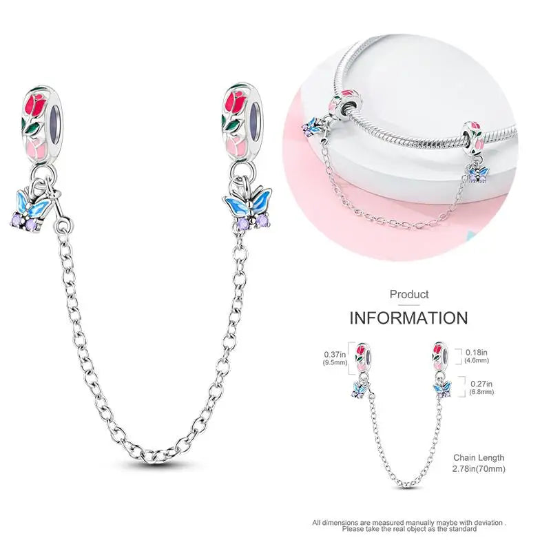 925 Sterling Silver Flying Bird & Butterfly Safety Chain Charm Beads for Original 3mm Bracelet – DIY Jewelry Gift