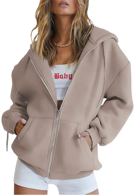 2024 Women’s Solid Hoodie | Elegant Long Sleeve Zipper Drawstring Sweatshirt | Casual Hooded Top with Pockets