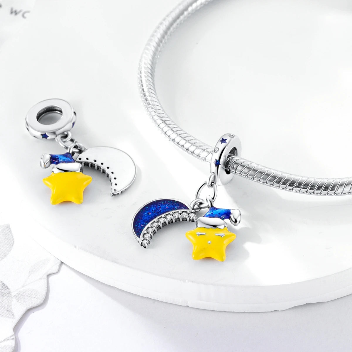 Silver Plated Colorful Glowing Moon & Stars Rainbow Dangle Charms | Fit Original Bracelet & Necklace | Women’s Jewelry Beads