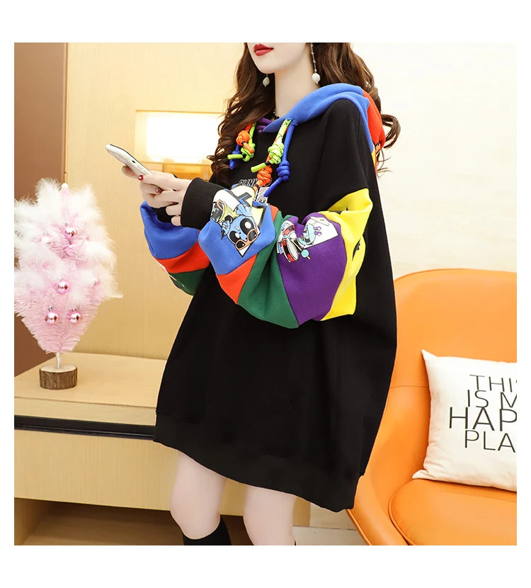Plus Size Women’s Hoodie – Fleece-Lined Mid-Length Jacket | Autumn Winter Trendy Korean Style Long Sleeve Sweatshirt