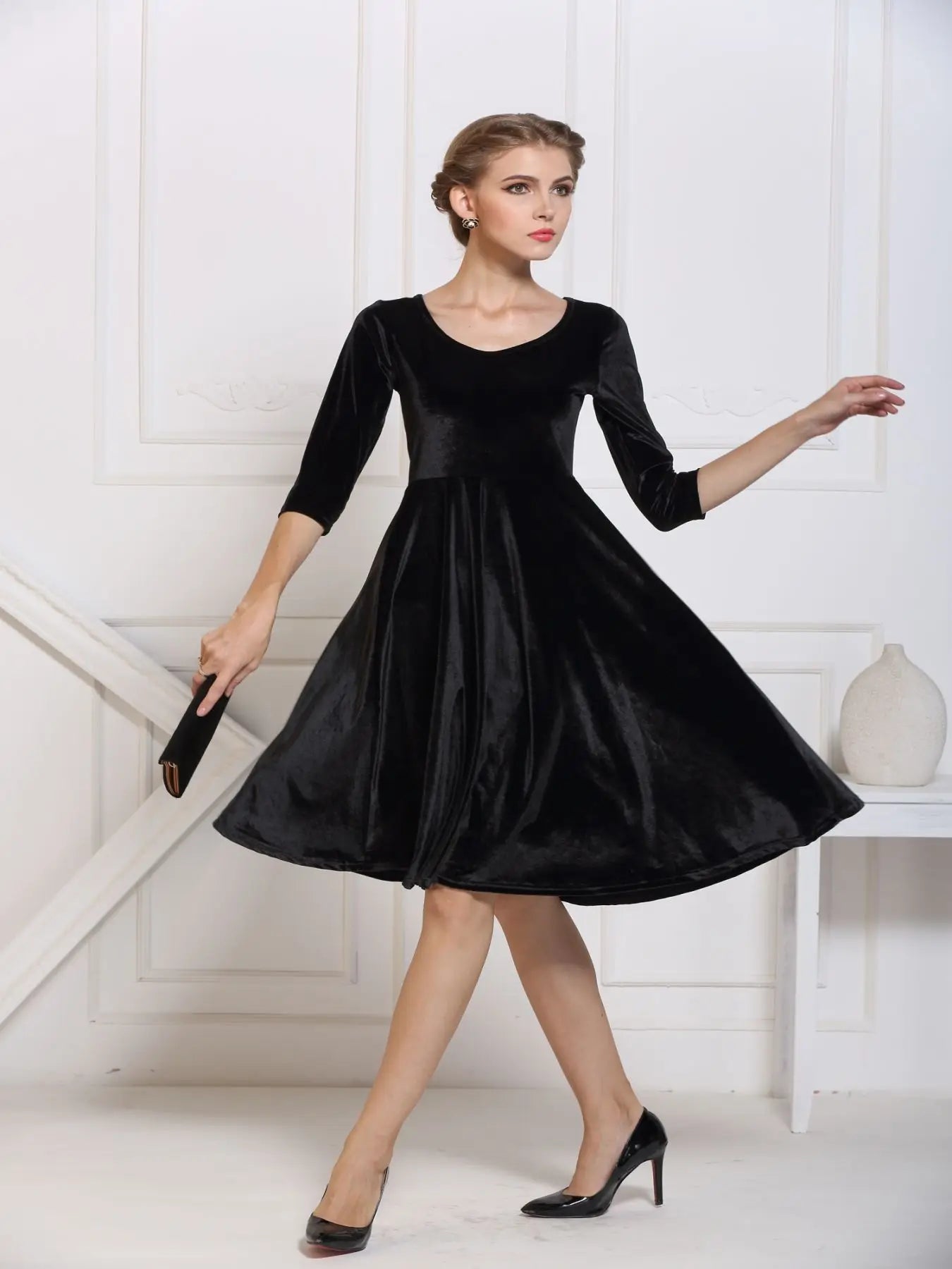 2025 Autumn Winter Navy Velvet Midi Dress – Three-Quarter Sleeve Elegant Evening & Bridesmaid Dress