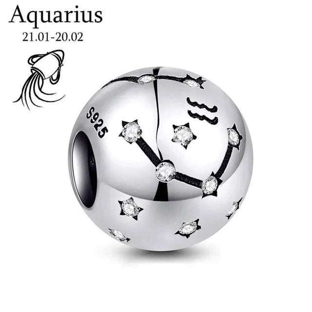 New 925 Sterling Silver Zodiac Constellation Beads | Round Pendant Charms for Women’s Bracelets & DIY Jewelry