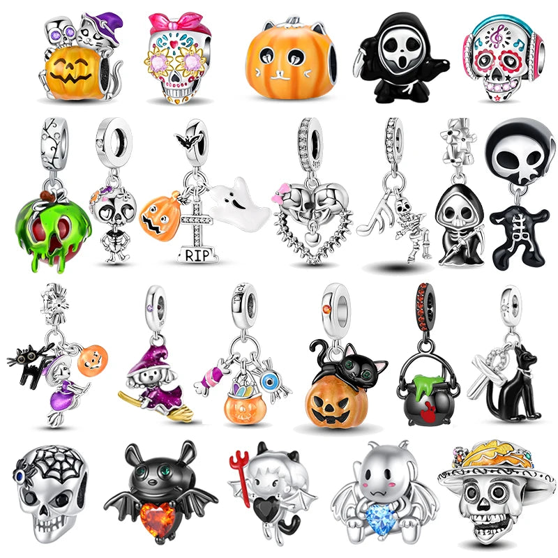 925 Sterling Silver Halloween Skull Bat Pumpkin Charm | Fit Original Bracelet & Necklace DIY Jewelry