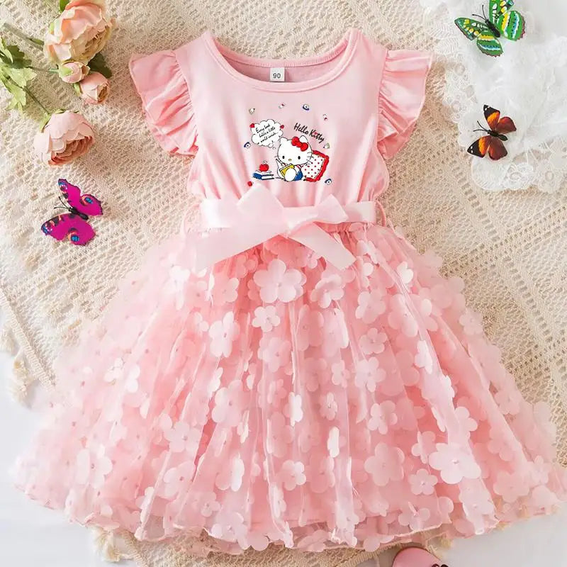 Hello Kitty Girls Tulle Flower Princess Dress | Wedding & Party Tutu Dress | Sleeveless Birthday Gift Outfit
