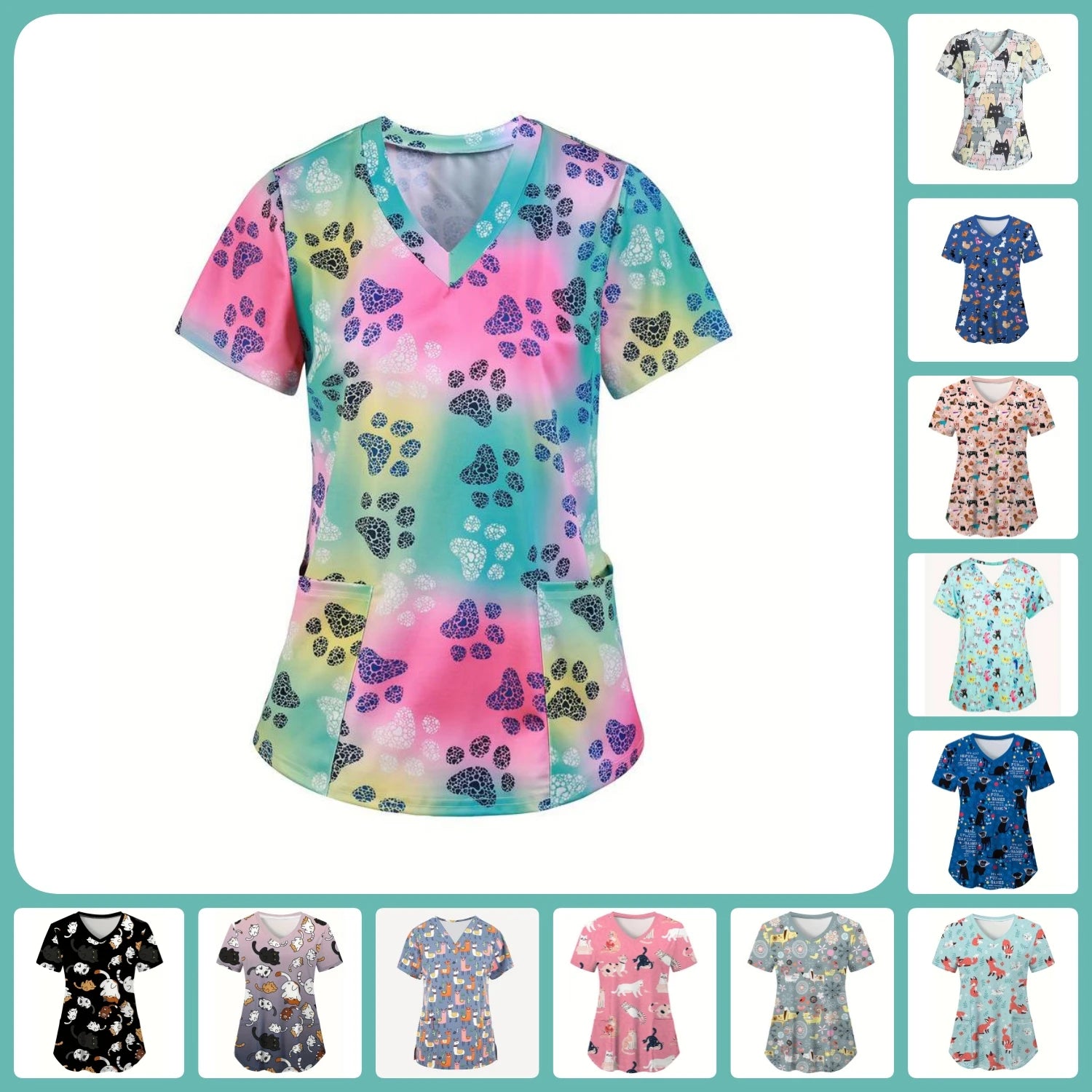 Women’s Medical Scrub Top – Cute Cartoon Print V-Neck Short Sleeve Nurse Dental Uniform 🩺🎀