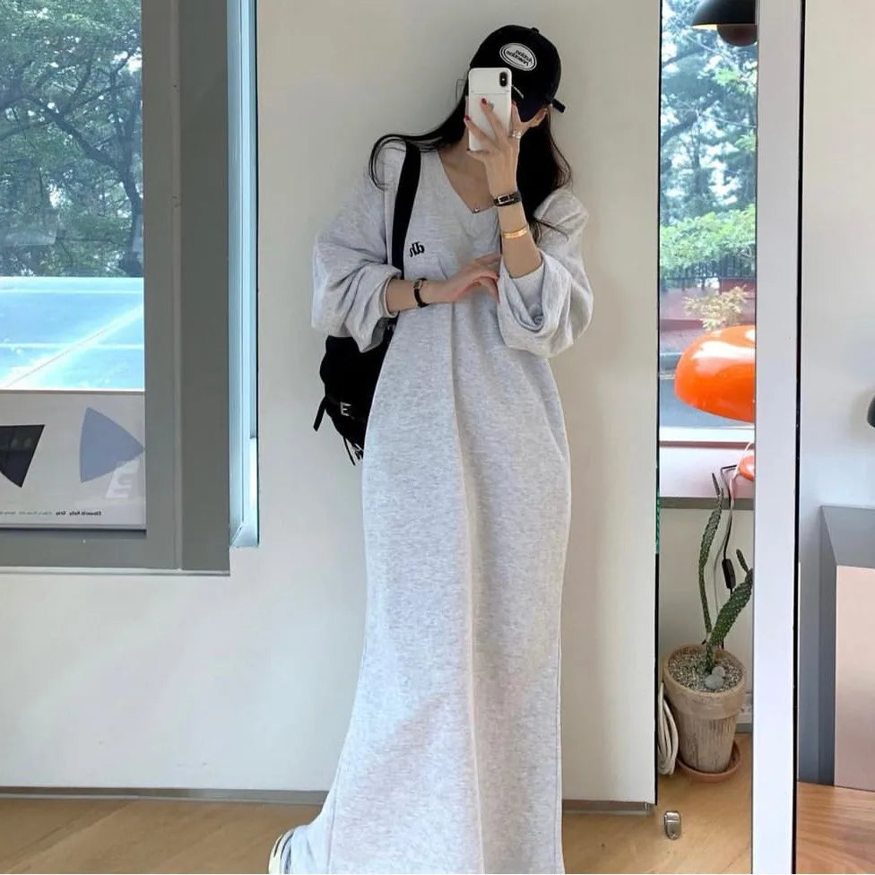 Autumn Winter Lazy Style V-Neck Embroidered Letter Loose Sweatshirt Dress – Long Sleeve Sweet Lantern Sleeve Women’s Casual Dress