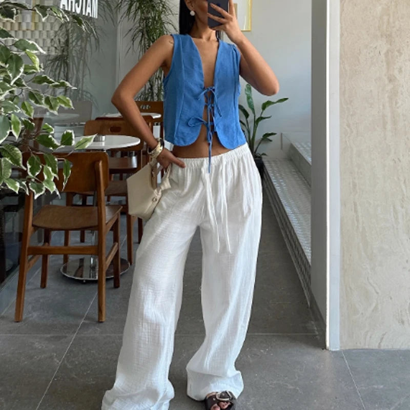 HXAO Women’s Baggy Wide Pants – Summer Linen Casual High Waist Pleated Trousers Black & White