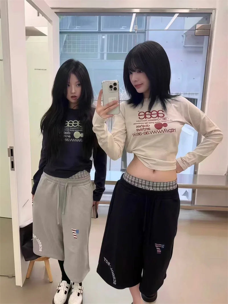 Women’s Slim Fit Round Neck Long Sleeve T-Shirt | Handmade Color Block Letter Print Base Layer Top