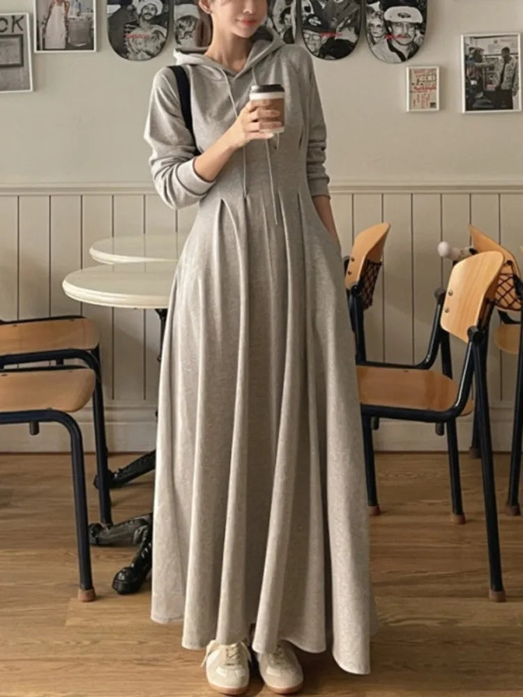 🍂 Chic Autumn Pleated Waist Slimming Long Sleeve Hooded Dress 👗 Women’s Long Dress Lazy Style Comfy Commute Wear