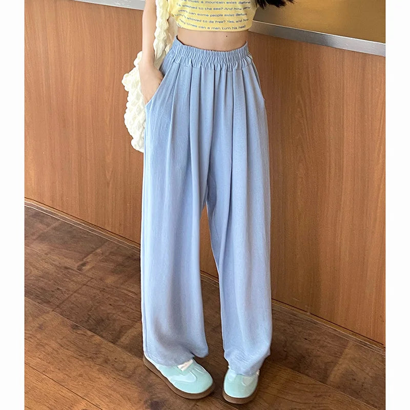 Summer Women Colorful Ice Silk Pants | High Waisted Wide Leg Trousers | Baggy Straight Leg Casual Pants