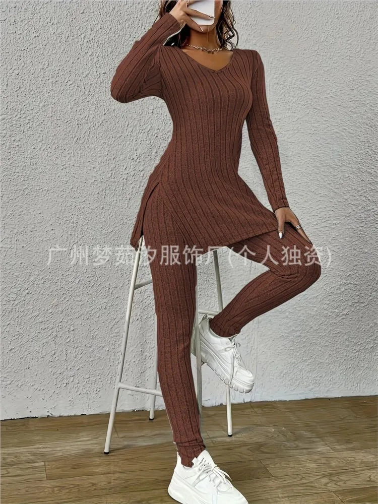 Women’s Knitted 2-Piece Set 🌸 V-Neck Pullover & Trousers Spring/Autumn ✨