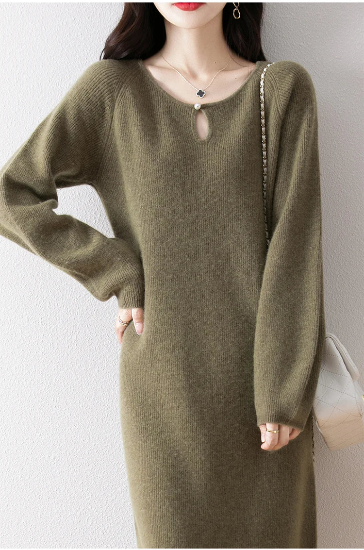 Loose Knitted Sweater Dress for Women – Round Neck Long Sleeve Casual Autumn New Arrival Elegant Fashion Dress