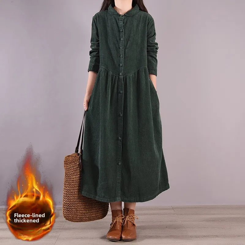 Retro Japanese Style Long Sleeve Corduroy Dress – Thick Fleece-Lined A-Line Winter Dress for Women | Solid Color