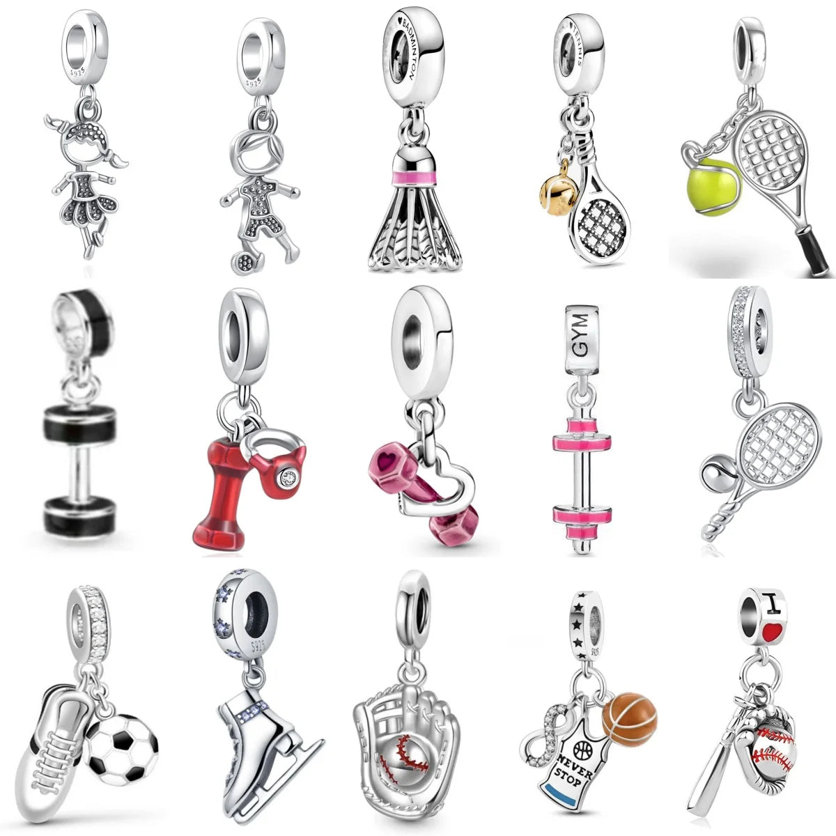 925 Sterling Silver Sports Charms – Football, Baseball, Tennis, Dumbbell Pendants Fit European Bracelets