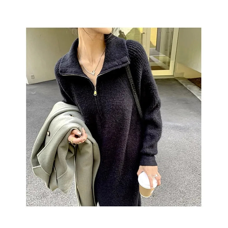 Long Sleeve Knitted Dress – Women’s Spring Autumn Loose Sweater Dress | Lazy Sleeve Inner Wear Polyester Comfy Dress