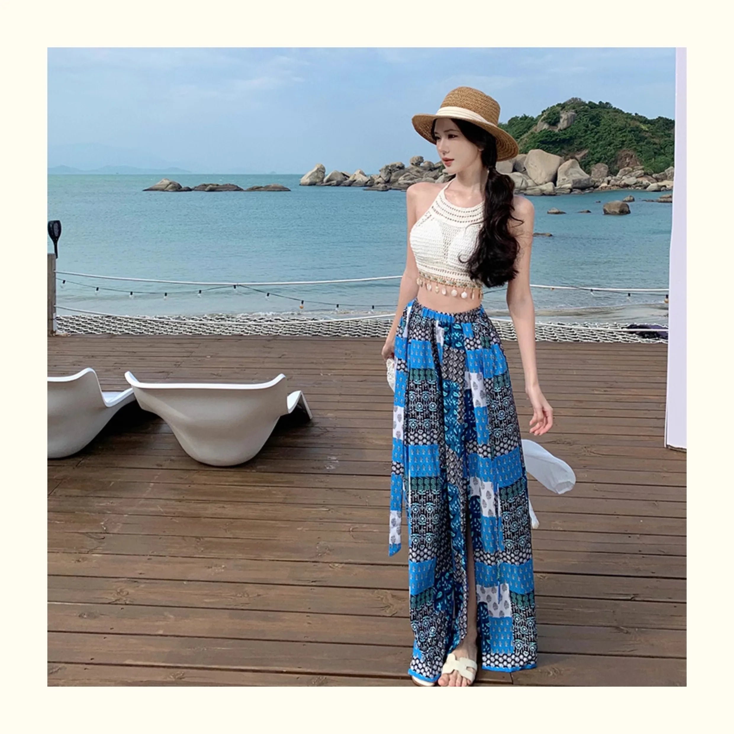 Vacation Style High Waist Wide Leg Pants – Thin Long Ethnic Print Pants for Beach & Holiday Wear