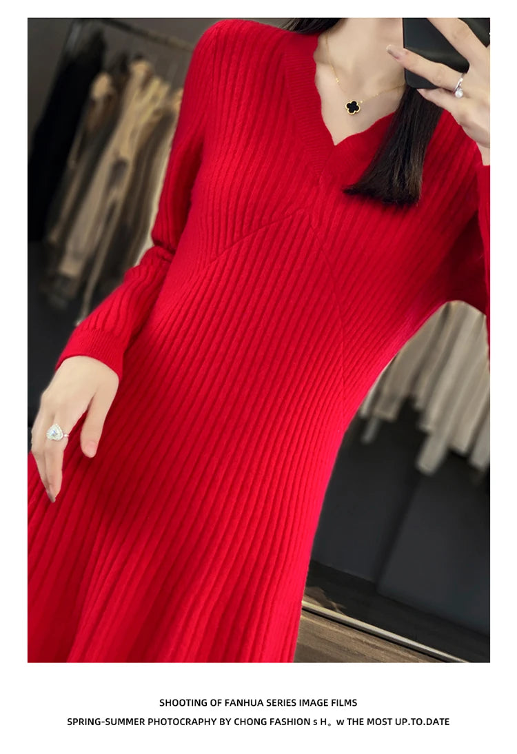 Women’s Mid-Length Knitted Camere Dress – Slimming Base Layer Over-Knee Wrap V-Neck A-Line Gown | Spring & Autumn New
