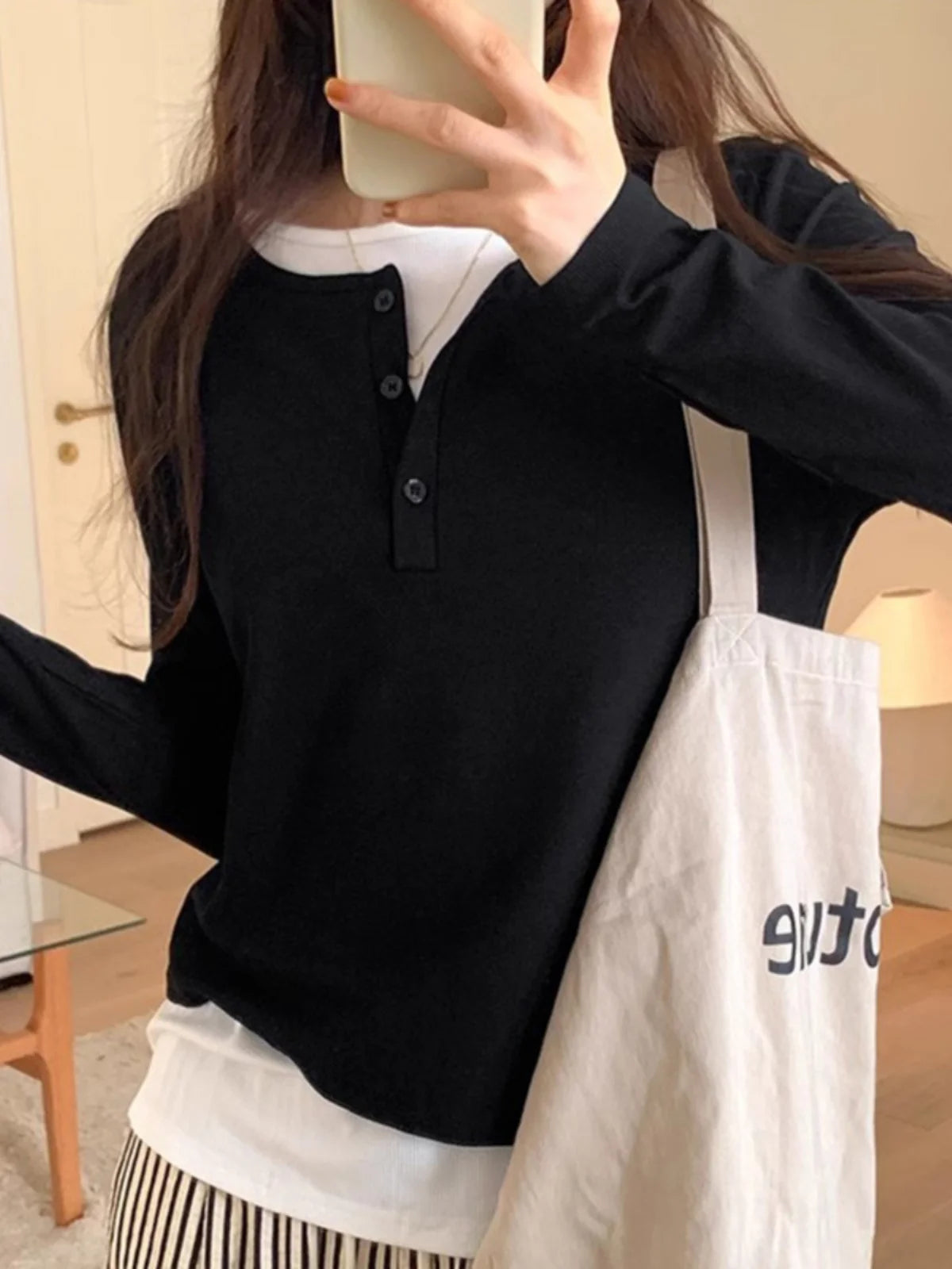Slimming Effect Pure Cotton Long Sleeve Top – Women’s Loose Fashionable Base Shirt Spring Autumn 2025