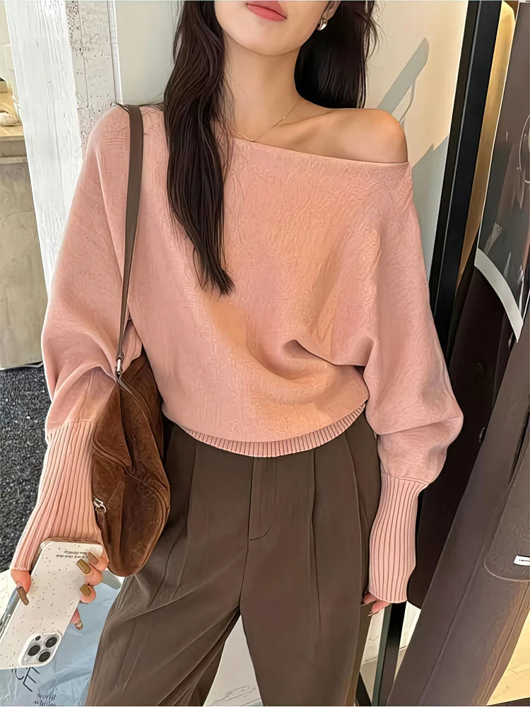 Batwing Long Sleeve Knitted Pullover for Women – Thick Off-Shoulder Korean Fashion Sweater