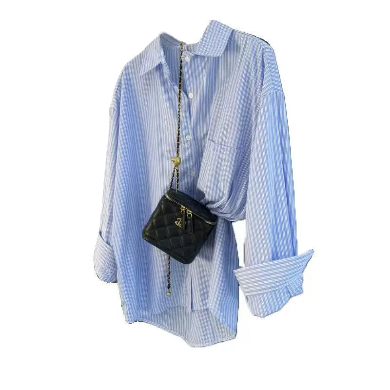 Retro Lazy Style Blue Striped Women’s Long Sleeve Shirt | Spring Autumn Design Sense Outerwear Blouse