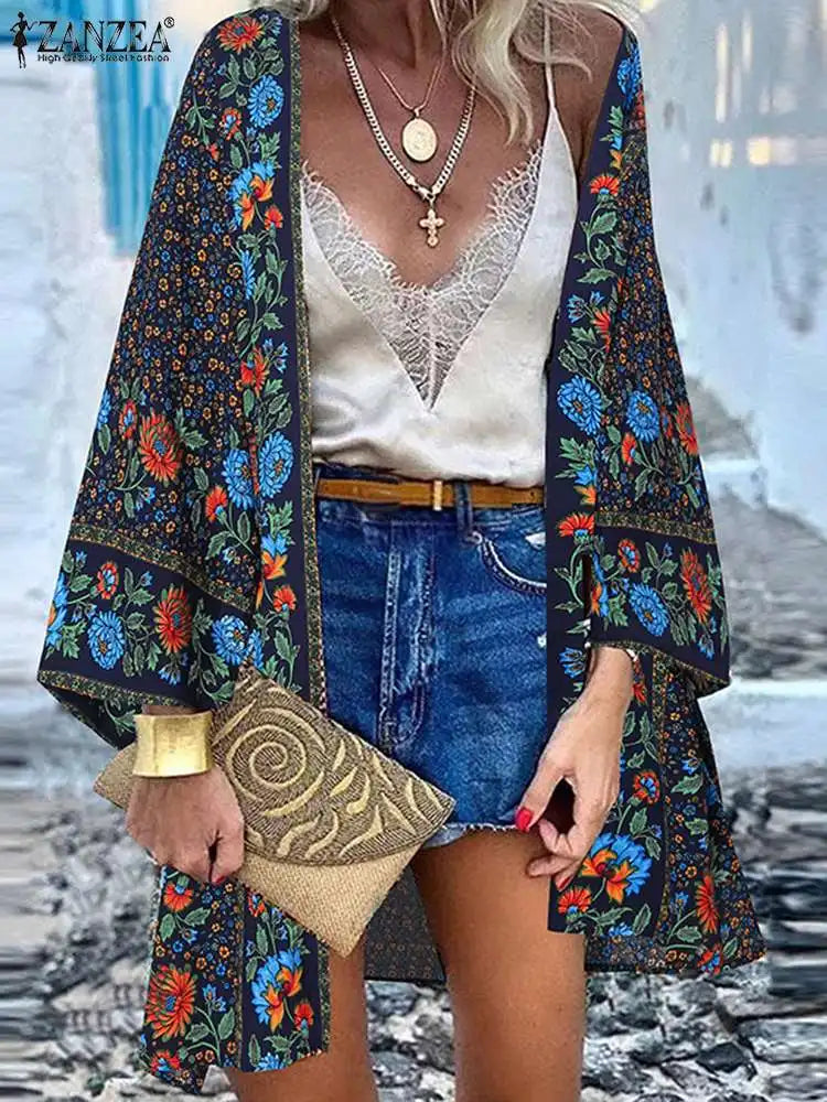 ZANZEA Summer Beach Cardigan Women – Vintage Bohemian Floral Long Sleeve Kimono Cover-Up 🌸🌊