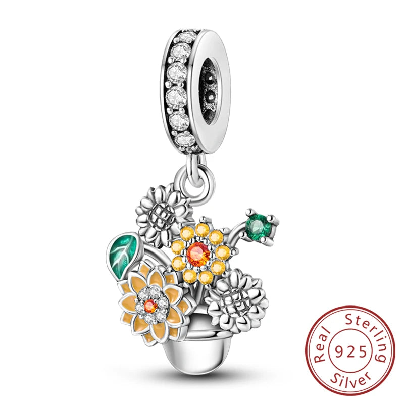 New 925 Sterling Silver Sunflower Heart Charm Bead | Original Bracelet DIY Jewelry Gift for Women