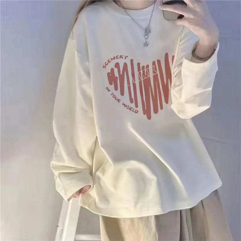White Fleece-Lined Loose Long Sleeve Women’s T-Shirt – Slimming Base Layer Korean Style Commute Top