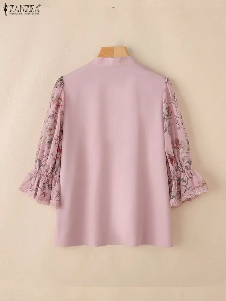 ZANZEA Elegant Women Floral Chiffon Blouse – V-Neck Patchwork Top with 3/4 Puff Sleeves & Lace Trim S-3XL 🌸👚