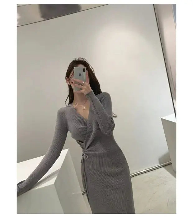Chic V-ne Pleated Dstring Slimming Mid-length Wrap Body Knitted Dr Women's Sweater Dr Korean Sle High Waist A-line