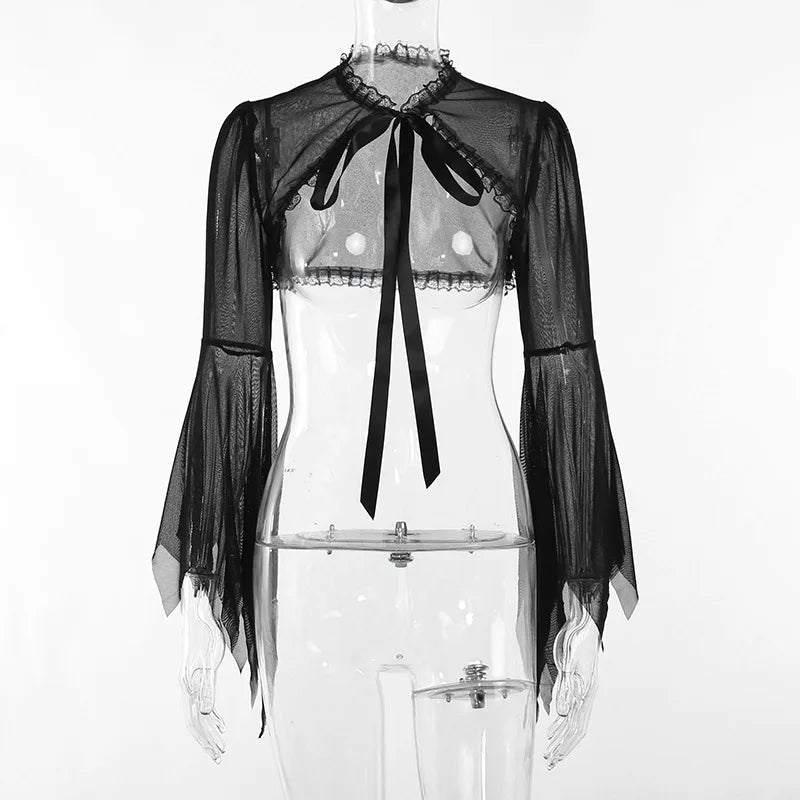 Dark Black Goth Top | Women’s Vintage Flared Sleeve Gothic T-Shirt Y2K Party Wear