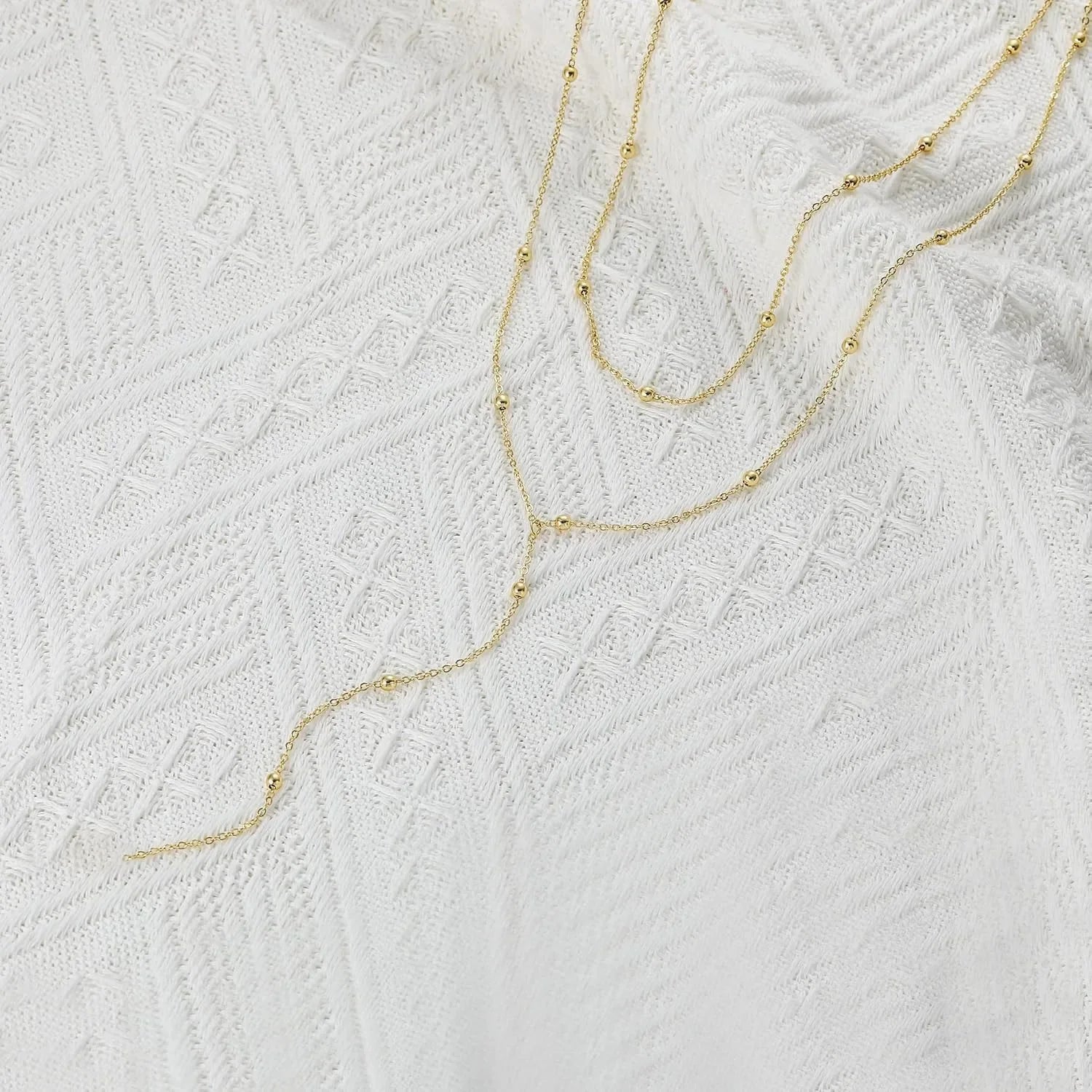 14K Gold Plated Y-Shaped Pendant Necklace for Women | Layered Beaded Chain Silver Drop Necklace Gift