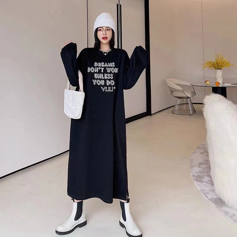 Lazy Person's Winter Sweatshirt Dress ❄️ Loose Casual Home & Outdoor Wear 👗 Personalized Letter Design 🌟
