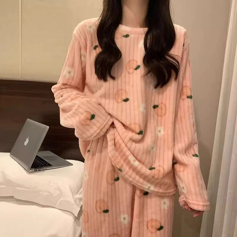 Adorable Sweet Coral Fleece Thiened Autumn Winter Loungewear Set – Women’s Casual Home Clothes | Long Pants Comfortable Leisurewear