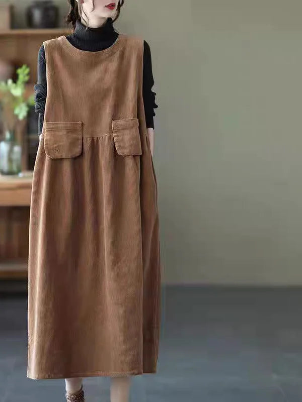 Artistic Corduroy Overall Dress for Women – H-Line Casual Wear, Medium Stretch Comfortable Autumn Season Single Piece