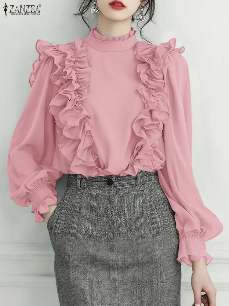 ZANZEA Stylish Ruffled Blouse – Women’s Long Sleeve Stand Collar OL Office Shirt 2025 👚✨
