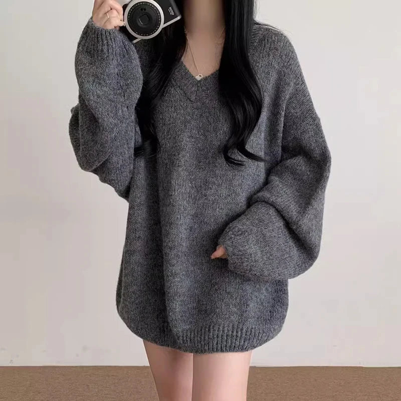 Soft Cozy Knitwear Women’s Loose Sleeve Sweater – Autumn Winter New Fashion V-Neck Long Sleeve Korean Commute Outerwear