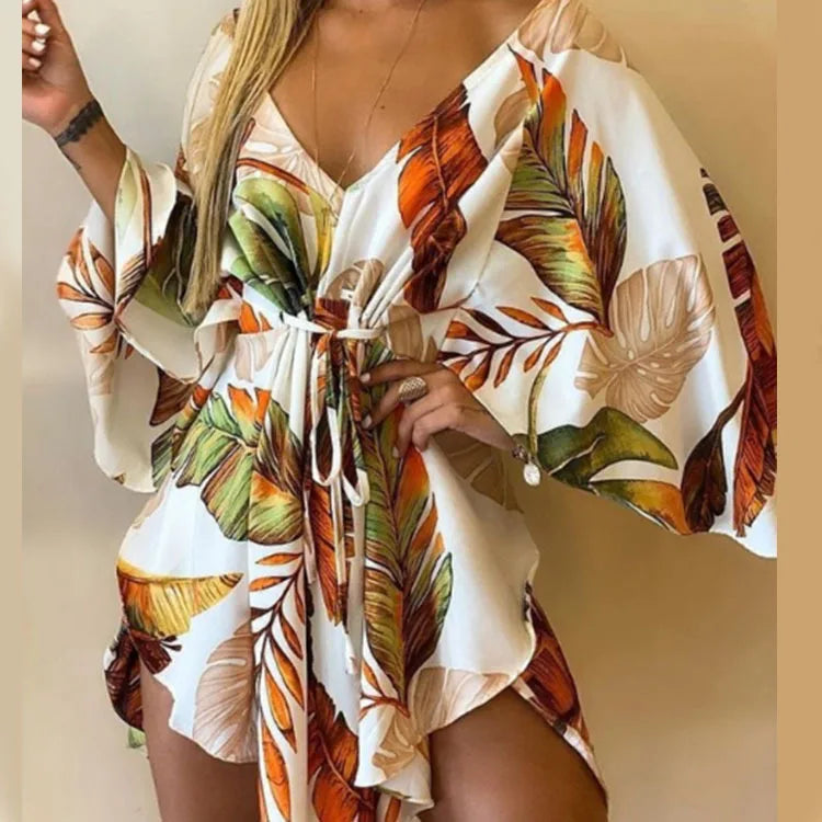 Women’s Floral Print V-Neck Bat Sleeve Dress – Sexy Bohemian Loose Mini Sundress