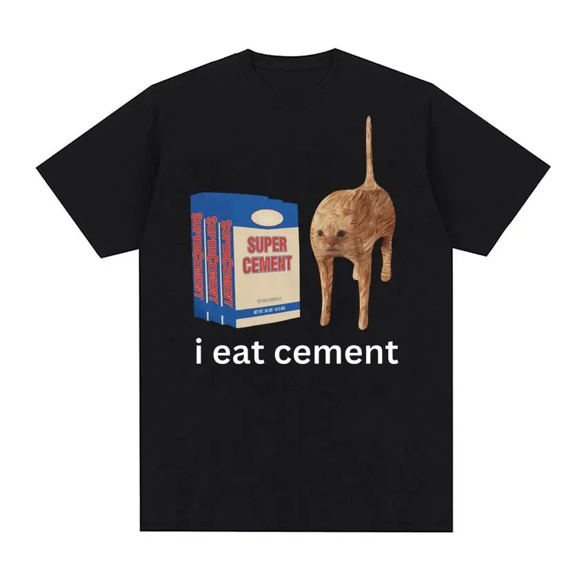 “I Eat Cement” Cursed Cat T-Shirt | Funny Meme Women’s Short Sleeve Casual Top