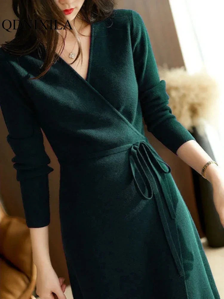 Autumn Winter Women’s Sweater Dress – V-Neck Wrap Knitted Skirt Korean Version Loose Elegant Dress