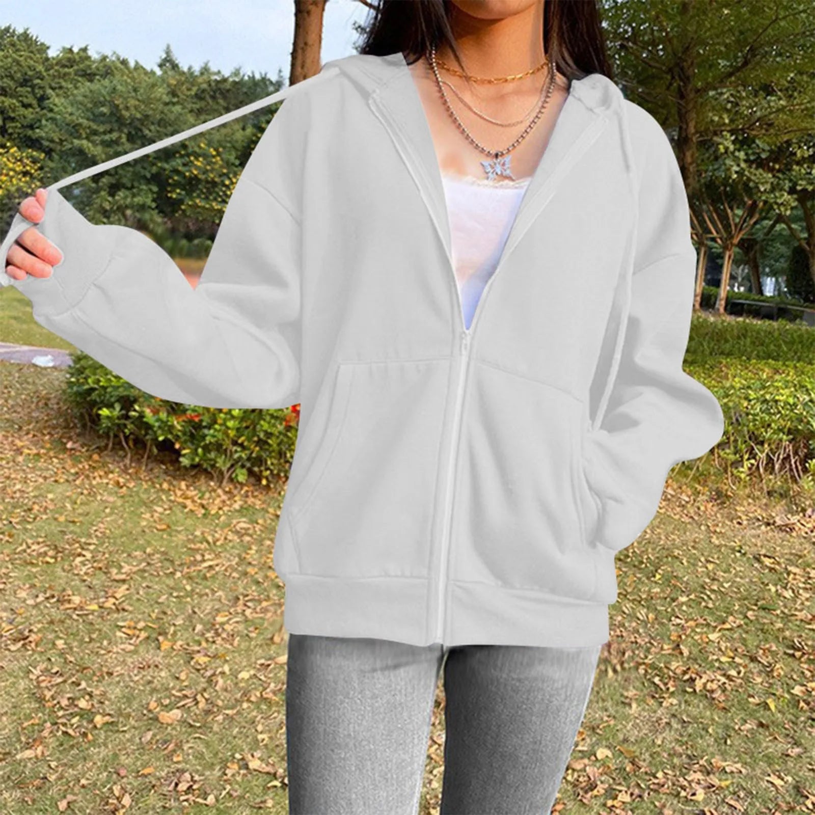 Spring Autumn Women Solid Color Hooded Sweatshirt Coat | Zipper Pocket Hoodie Jacket | Casual Outerwear Femme