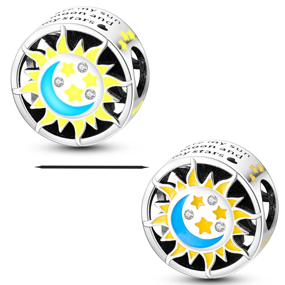 Silver Plated Colorful Glowing Moon & Stars Rainbow Dangle Charms | Fit Original Bracelet & Necklace | Women’s Jewelry Beads