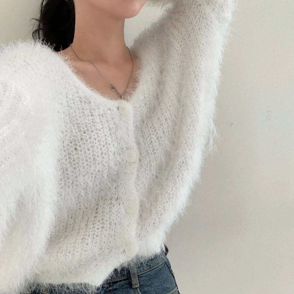 Chic V-Neck Knitted Sweater Coat for Women 🧥✨ Faux Fur Lazy Style Cardigan 💖 Autumn Winter Fashion Outerwear