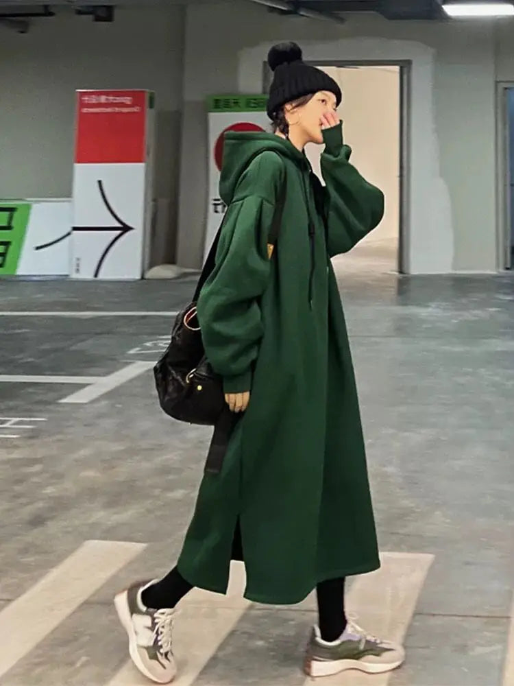 🔥 Plus Size Fleece-Lined Hooded Long Dress for Women 👗❄️ Thick Warm Winter Casual Slimming Korean Style Hoodie Dress ❤️
