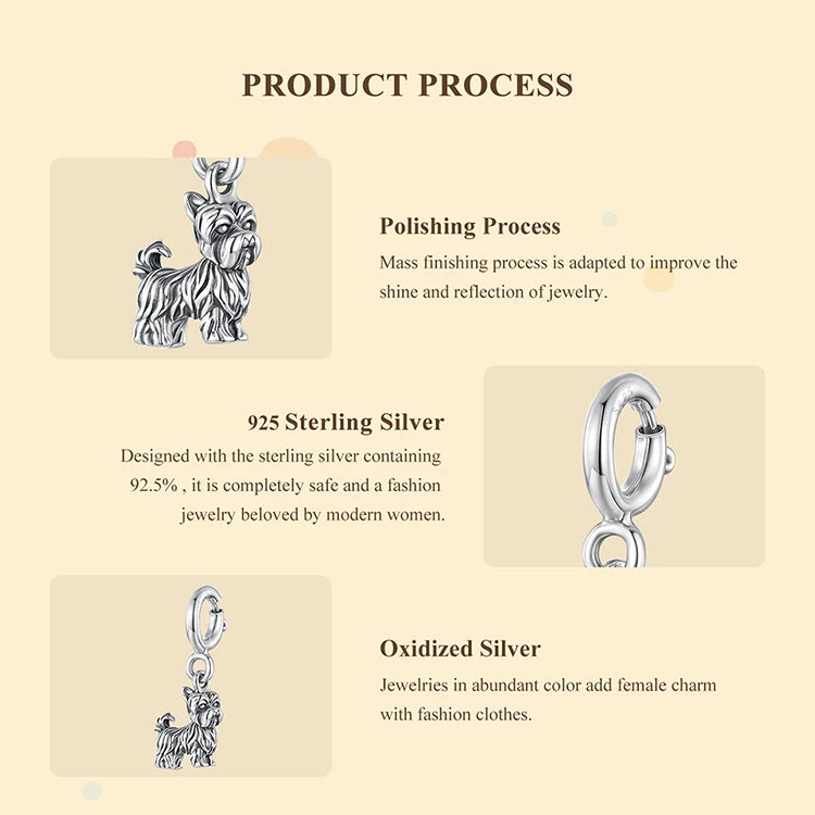 WOSTU 925 Sterling Silver Pet Dog Charm Pomeranian Yorkshire Terrier Pendant for Women Bracelet