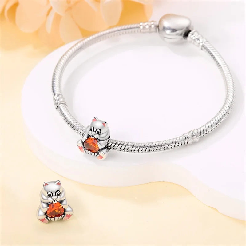 925 Sterling Silver Squirrel & Maple Leaf Charm | Shiny Zircon Autumn Beads Fit Pandora Bracelet DIY Jewelry